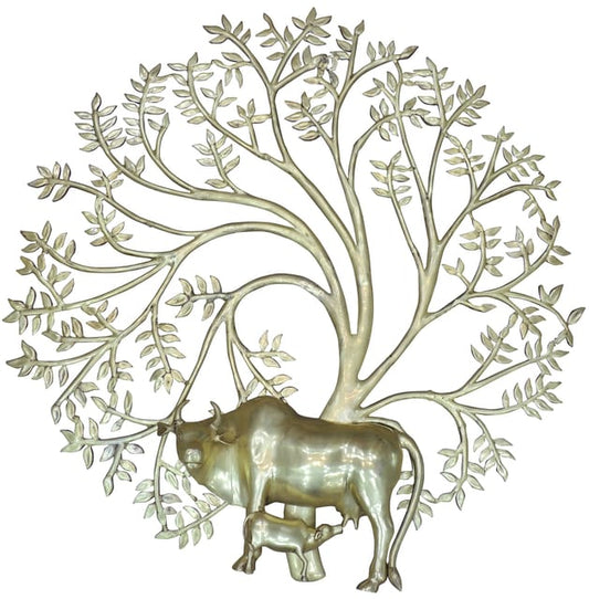 Handcrafted Brass Tree of Life with Cow and Calf Wall Art-ArtyCraftz.com