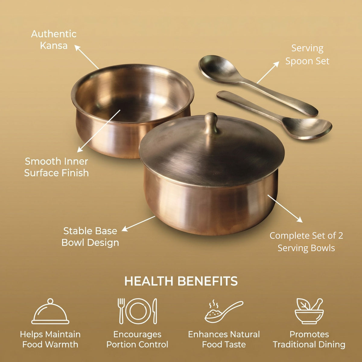 Handcrafted Bronze Serving Bowl Set with Lid & Spoons for Dining and Kitchen-ArtyCraftz.com