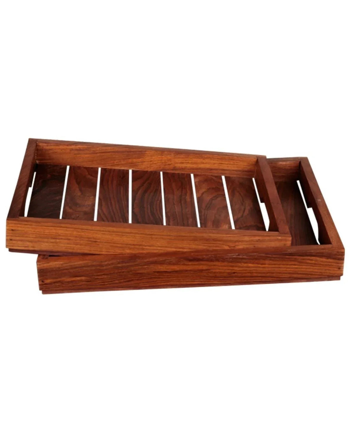 Handcrafted Brown Rectangular Wooden Serving Tray Set
