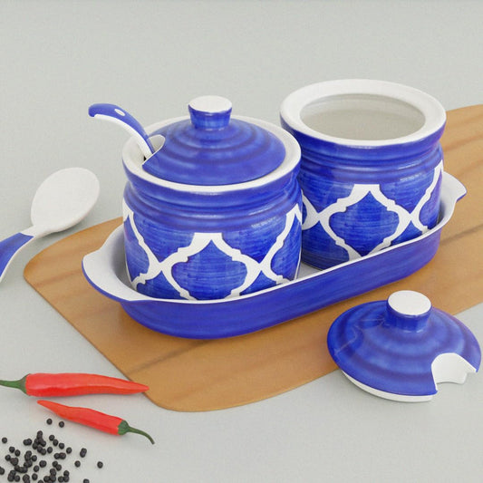 Handcrafted Ceramic Pickle Jar-barni with Lid Moraccan Blue and Grey-ArtyCraftz.com