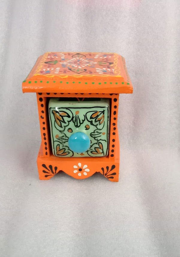 Handcrafted Ceramic Single Drawer Jewellery Box 4 Inches Orange Color - ArtyCraftz.com