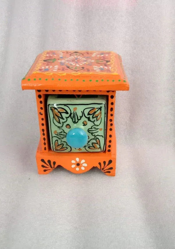 Handcrafted Ceramic Single Drawer Jewellery Box 4 Inches Orange Color - ArtyCraftz.com