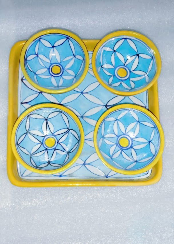 Handcrafted Ceramic Tray with Bowls for Serving Fruits Multi Color - ArtyCraftz.com