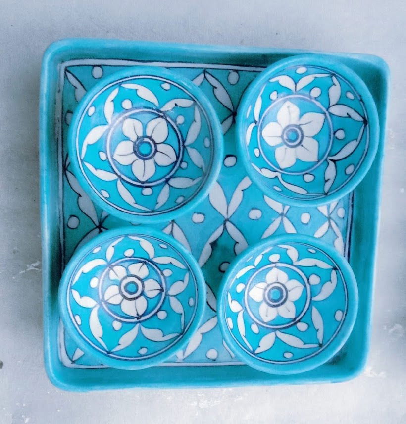 Handcrafted Ceramic Tray with Bowls for Serving Fruits Sky Blue Color - ArtyCraftz.com