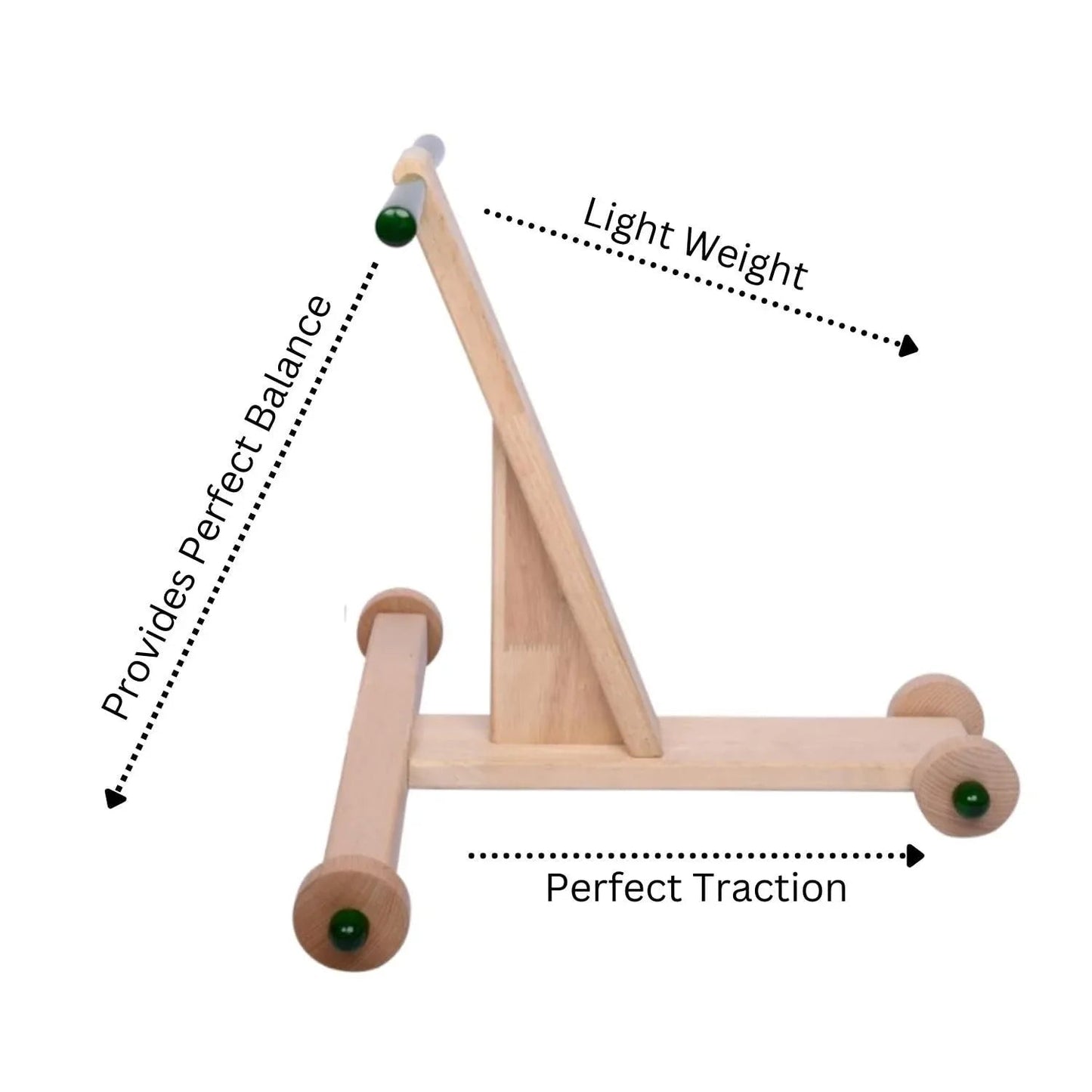 Handcrafted Channapatna natural wood baby push walker — 17.7 inch height, T-bar red handle, four smooth wheels, lightweight bamboo-tone construction — safe toddler walking aid — ArtyCraftz