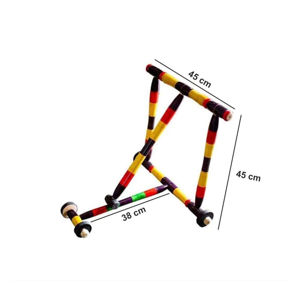 Handcrafted Channapatna wooden baby walker toy with vibrant red, green and yellow turned wood segments and natural unpainted wooden wheels — traditional Karnataka toy — ArtyCraftz