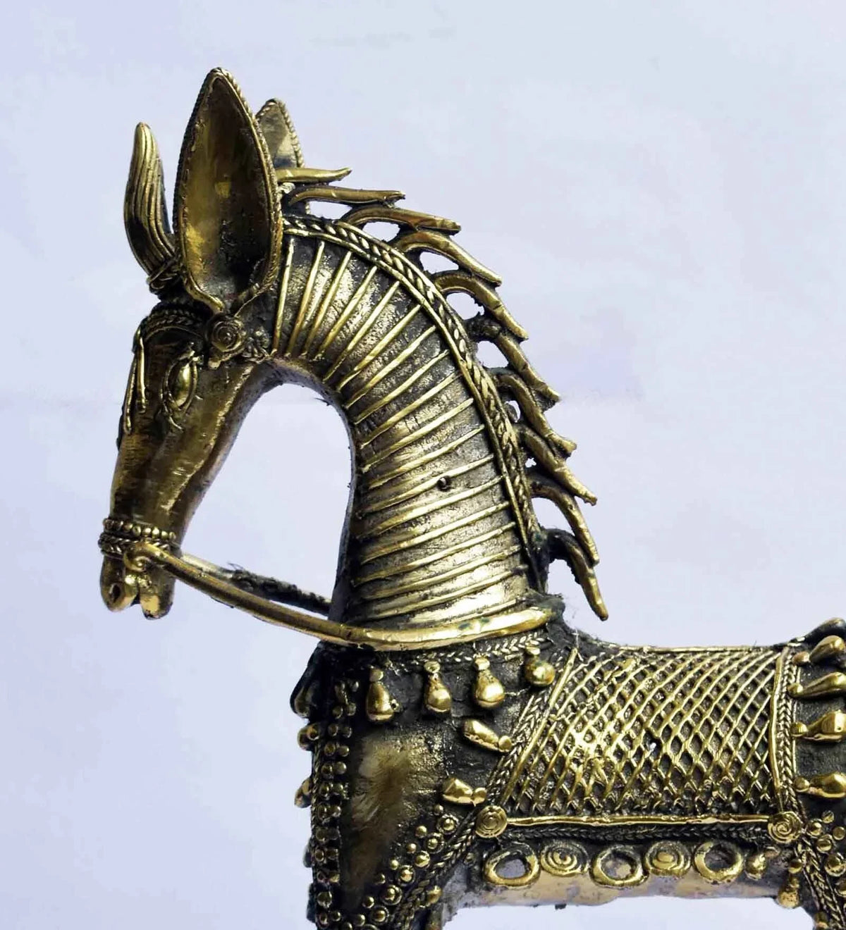 Handcrafted Dhokra Horse Statue in Antique Brass Finish Closeup View - ArtyCraftz.com