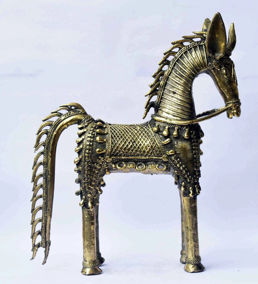 Handcrafted Dhokra Horse Statue in Antique Brass Finish main View - ArtyCraftz.com