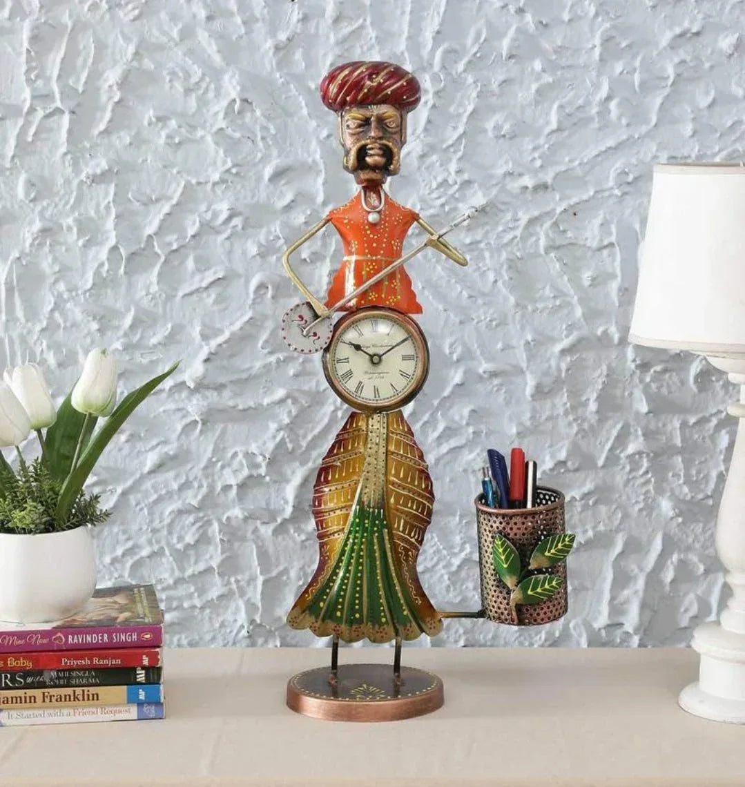 Handcrafted Iron Marwari Man Musician Clock with Pen Stand for Showpiece - ArtyCraftz.com