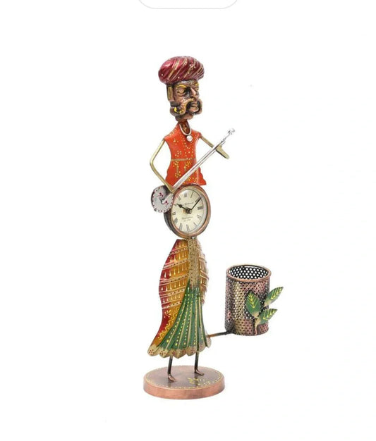 Handcrafted Iron Marwari Man Musician Clock with Pen Stand for Showpiece - ArtyCraftz.com