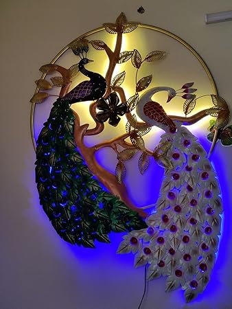 Handcrafted Iron Painted Metal Wall Hanging Peacock Indoor Decor 60 Inches