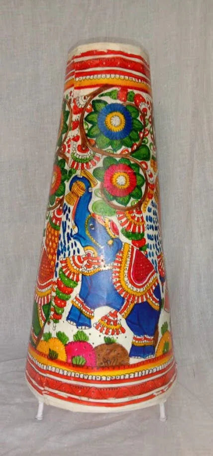 Handcrafted Leather Art Work Leather Elephant Design Painted Lamp Shade Cylinder shape Without Bulb 16 Inches Multi Color - ArtyCraftz.com