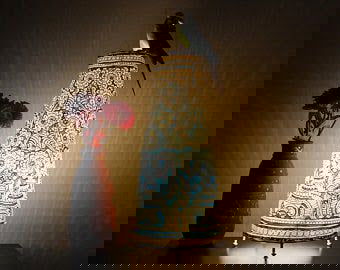 Handcrafted Leather Art Work Leather Painted Lamp Shade Cylinder shape Without Bulb 16 Inches Blue with White Color - ArtyCraftz.com