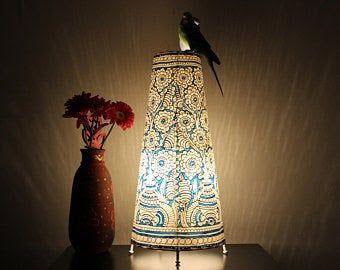 Handcrafted Leather Art Work Leather Painted Lamp Shade Cylinder shape Without Bulb 16 Inches Blue with White Color - ArtyCraftz.com