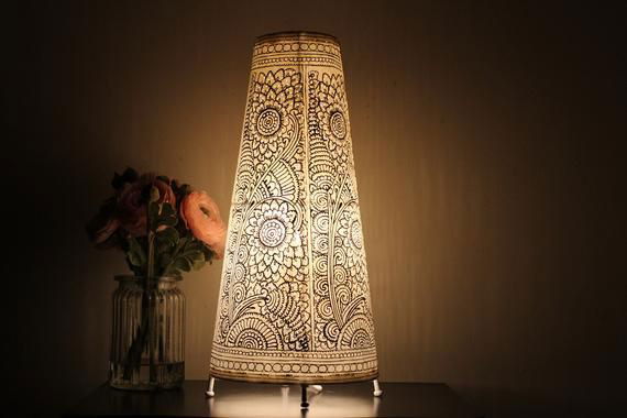 Handcrafted Leather Art Work Leather Painted Lamp Shade Cylinder shape Without Bulb Black with White Color - ArtyCraftz.com