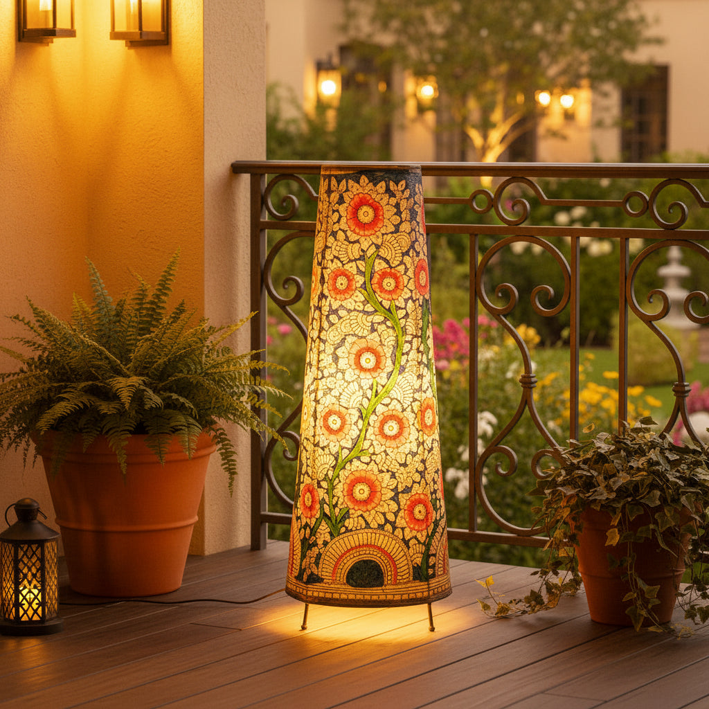 Handcrafted Leather Art Work Leather Painted Lamp Shade Without Bulb 16 Inches Blue with White Color - ArtyCraftz.com
