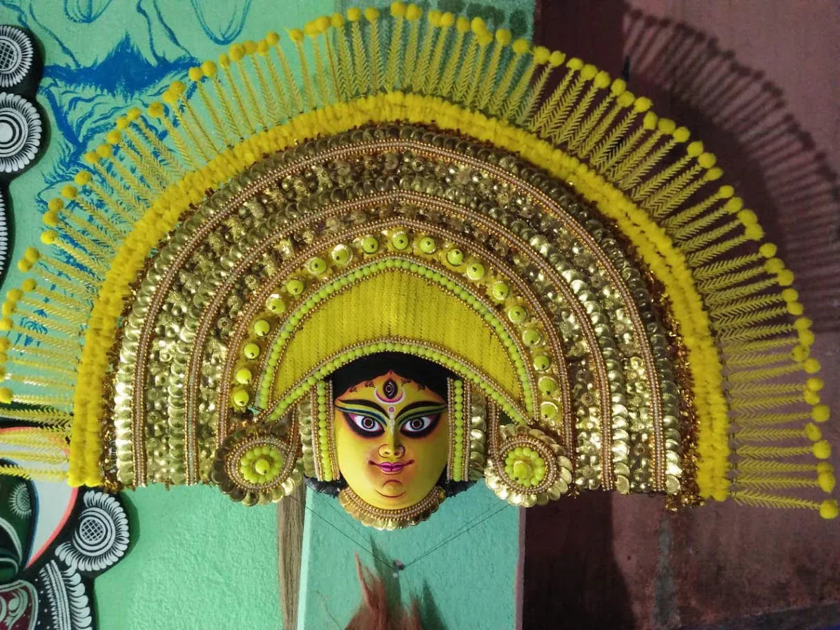 Handcrafted Ma Durga Paper Mache Mask for Wall Hanging for Home Decor and Office Decor 2.5*2.5 Feet Yellow Color - ArtyCraftz.com