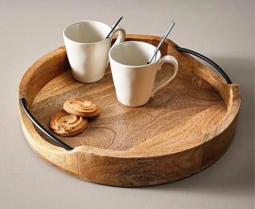Medium Rustic Round Wooden Serving Tray 10x10x2 Inches - Handcrafted Mango Wood with Iron Handles - Decorative Kitchen & Dining Table Tray - Brown