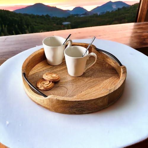 Medium Rustic Round Wooden Serving Tray 10x10x2 Inches - Handcrafted Mango Wood with Iron Handles - Decorative Kitchen & Dining Table Tray - Brown