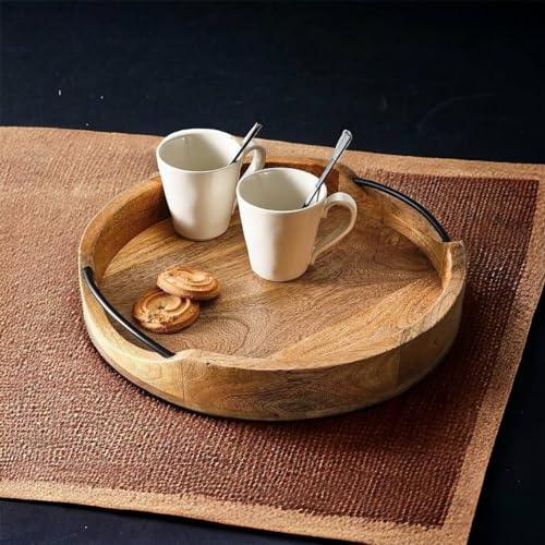 Medium Rustic Round Wooden Serving Tray 10x10x2 Inches - Handcrafted Mango Wood with Iron Handles - Decorative Kitchen & Dining Table Tray - Brown