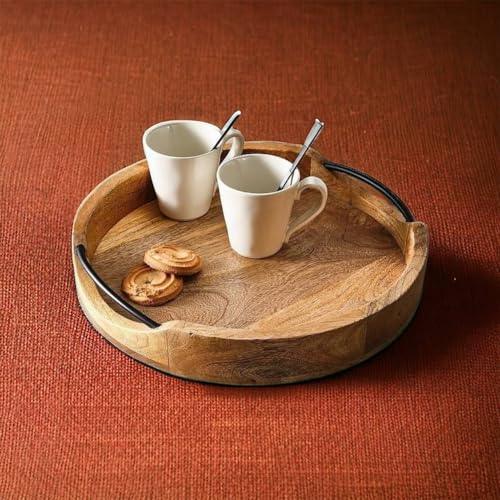 Medium Rustic Round Wooden Serving Tray 10x10x2 Inches - Handcrafted Mango Wood with Iron Handles - Decorative Kitchen & Dining Table Tray - Brown