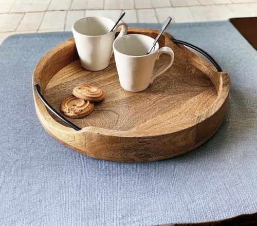 Medium Rustic Round Wooden Serving Tray 10x10x2 Inches - Handcrafted Mango Wood with Iron Handles - Decorative Kitchen & Dining Table Tray - Brown