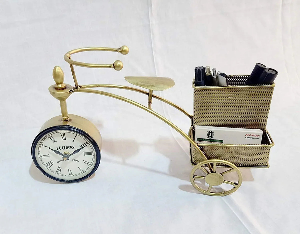 Handcrafted Metal Cycle Pen Stand Clock with Visiting Card for Wall Decor - ArtyCraftz.com