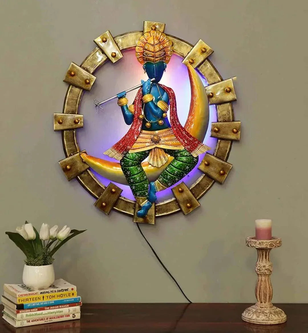 Handcrafted Metal Flute Playing Krishna with Moon Frame with Led for Wall Decor - ArtyCraftz.com