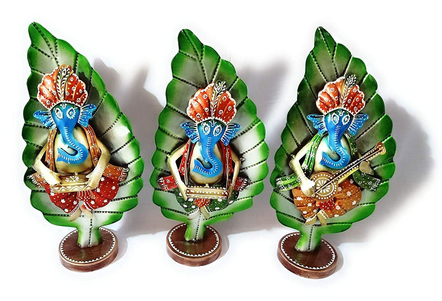 Handcrafted Metal Ganesha On Leaf Musicians Table Decor - ArtyCraftz.com