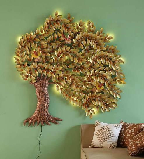 Handcrafted Metal Golden Side Tree Wall Decor - ArtyCraftz.com