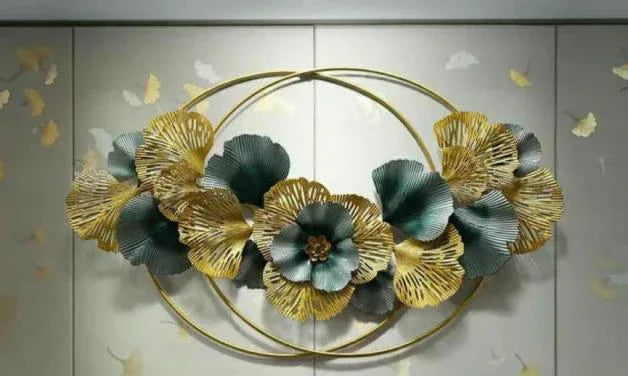Luxury Gold Blue Floral Metal Wall Art with Circular Frame- ArtyCraftz.com