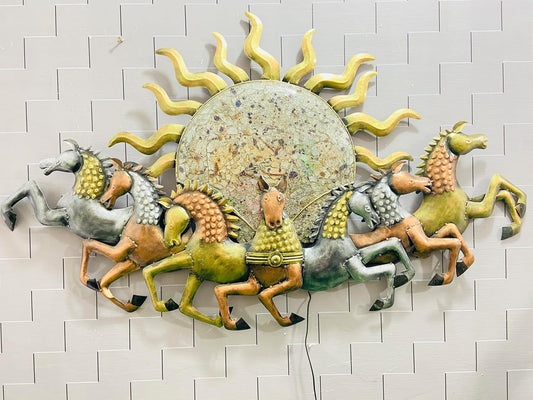Handcrafted Metal Sun with 7 Running Horses Wall Art-ArtyCraftz.com