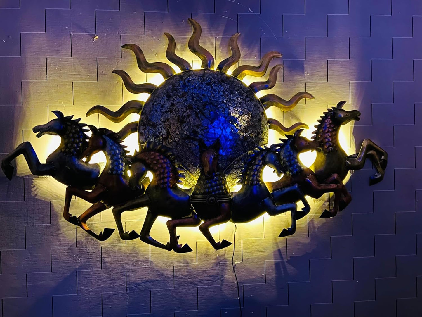 Handcrafted Metal Sun with 7 Running Horses Wall Art-ArtyCraftz.com