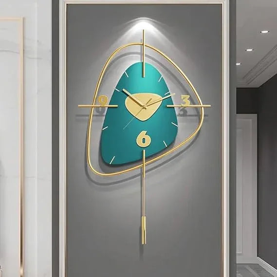 Handcrafted Blue and Golden Triangle Metal Wall Clock for Home Decor and Gifting
