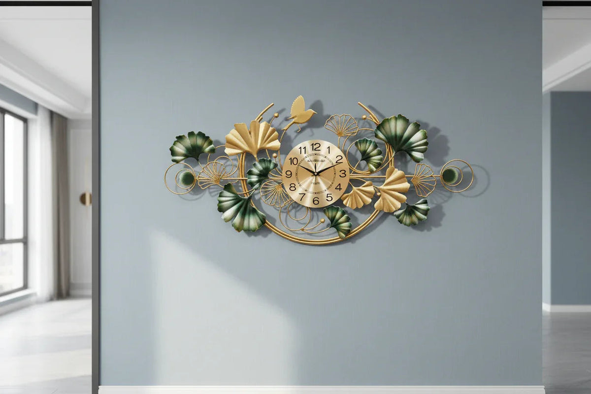 Luxury Floral Metal Wall Clock with Gold & Green Finish-ArtyCraftz.com