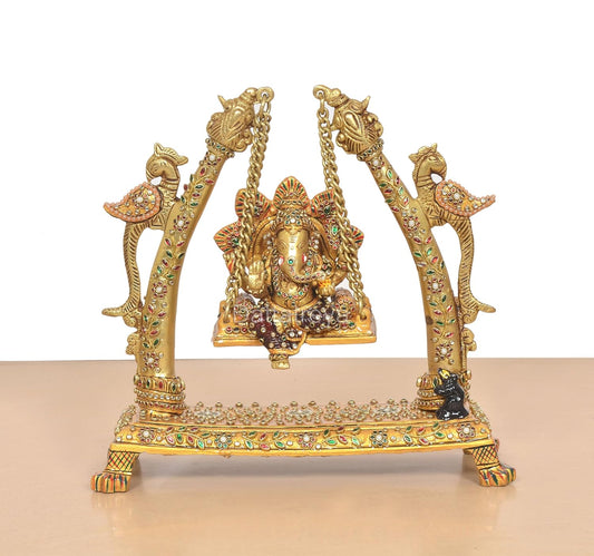 Handcrafted Multicolor Brass Ganesha Jhula for Home Temple Decor Front View-ArtyCraftz.com