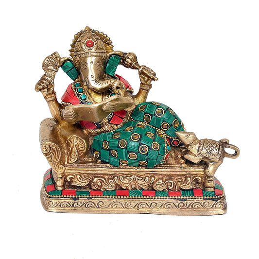 Handcrafted Multicolor Brass Ganesha Reading Book Statue Front View-ArtyCraftz.com