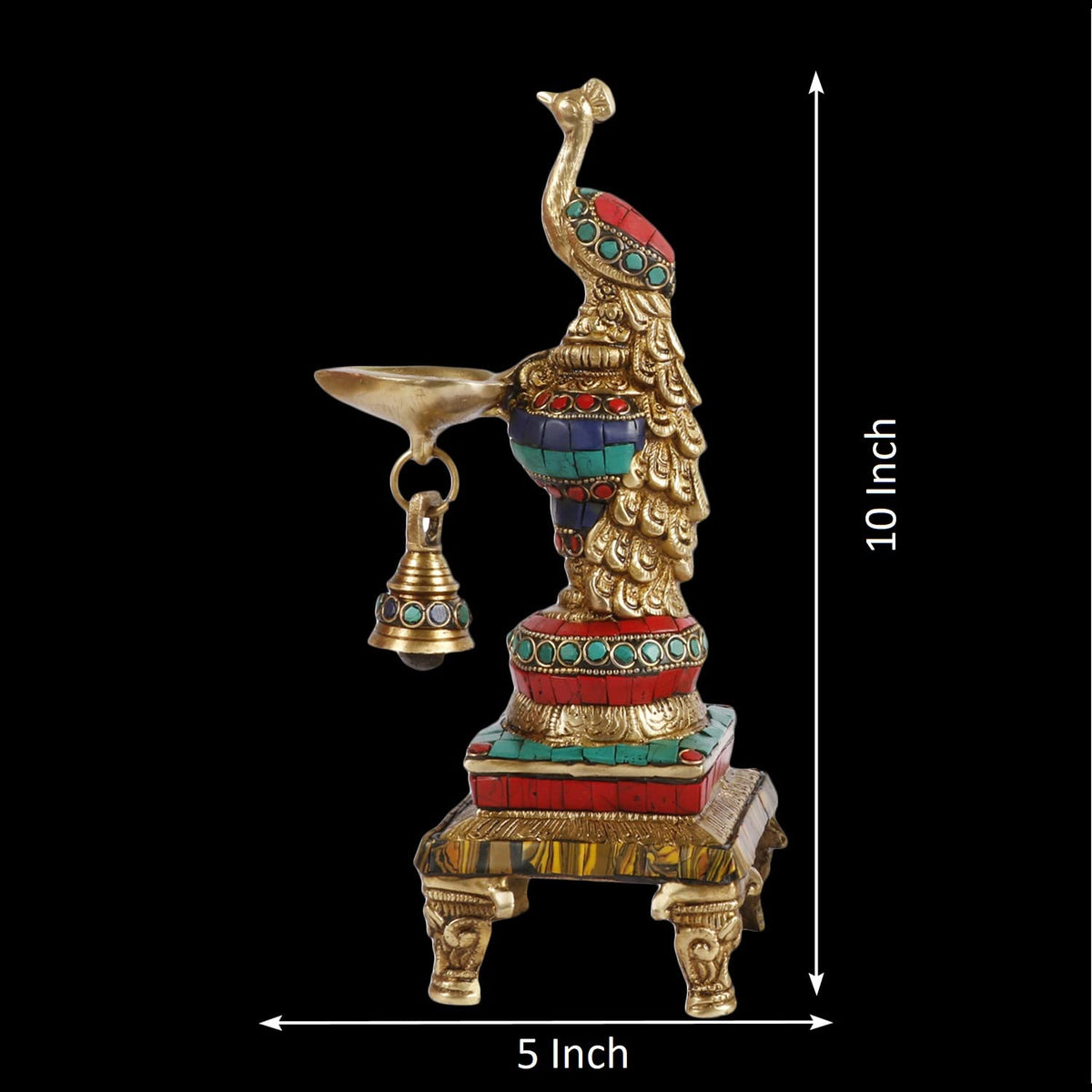 Handcrafted Multicolor Brass Peacock Diya Lamp with Hanging Bell Measurement-ArtyCraftz.com