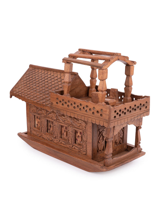Handcrafted Walnut Wood Kashmir Houseboat Showpiece with Intricate Kashmiri Carving Left View-ArtyCraftz.com