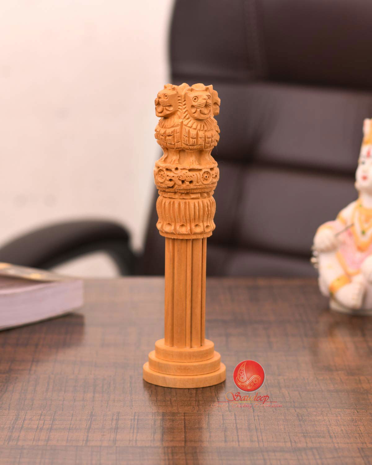 Handcrafted Wooden Ashoka Pillar Showpiece Brown Color 5.5 x 5.5 x 19.5 cm - ArtyCraftz.com