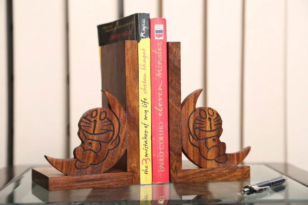 Handcrafted Wooden Doraemon Bookend In Sheesham For Table Decor - ArtyCraftz.com