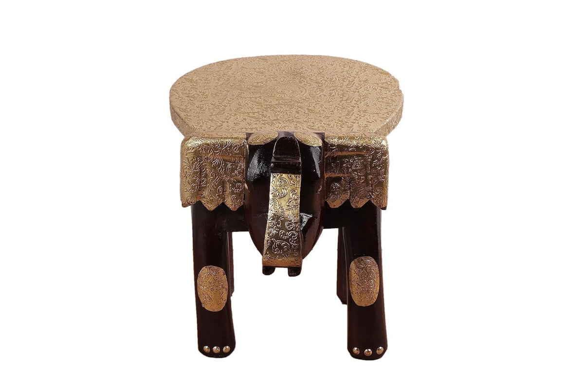 Handcrafted Wooden Elephant Stool with Brass Metal Sheet Work-artycraftz.com