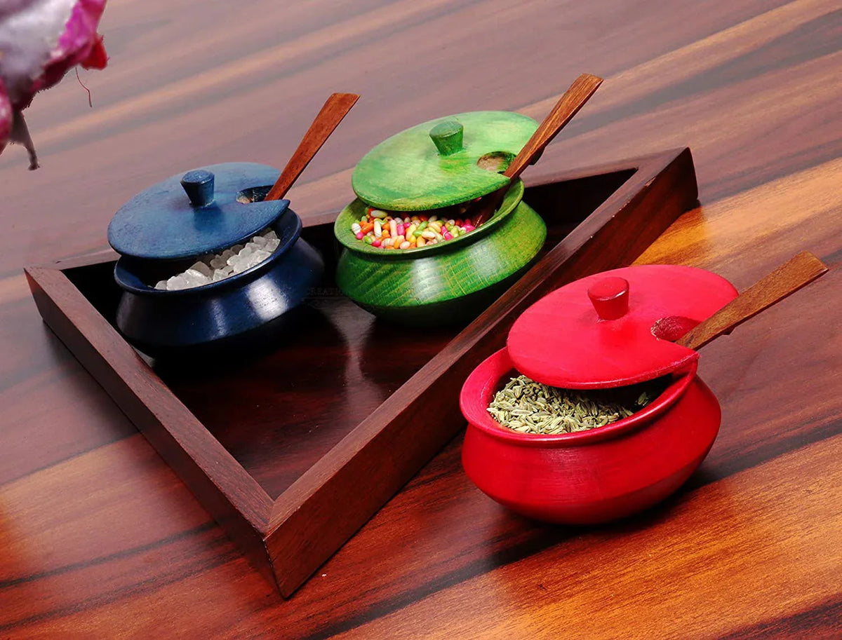 Handcrafted Wooden Serving Trays Jars with Tray and Spoon for Kitchen Accessories - ArtyCraftz.com