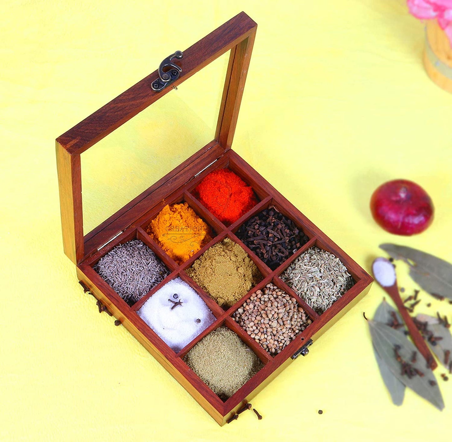 Handcrafted Wooden Spice Box 9 Containers with Spoon - ArtyCraftz.com