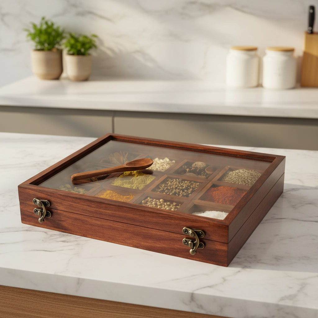 Spice Box Sheesham Wood Masala Box with Transparent Lid 12 Compartments - ArtyCraftz.com