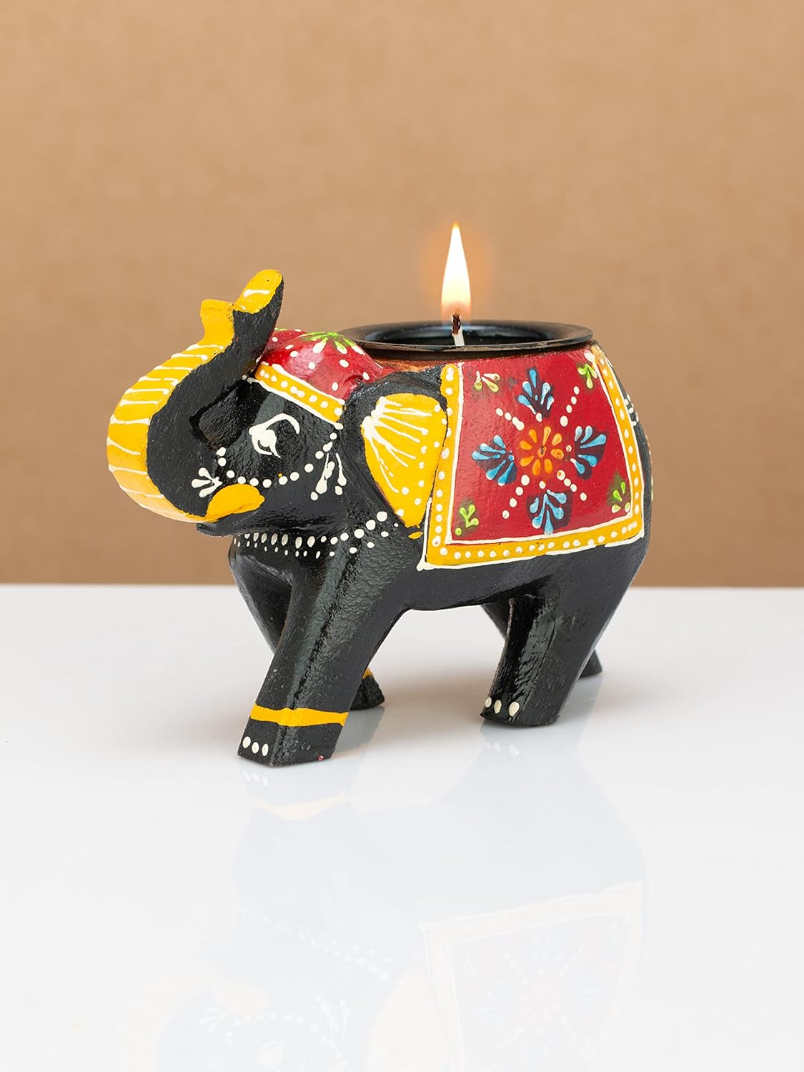 Handcrafted and Hand-Painted Wooden Elephant Tea Light Holder