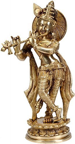 Handcrafted brass Krishna playing flute statue with antique finish and traditional Indian craftsmanship-ArtyCraftz.com