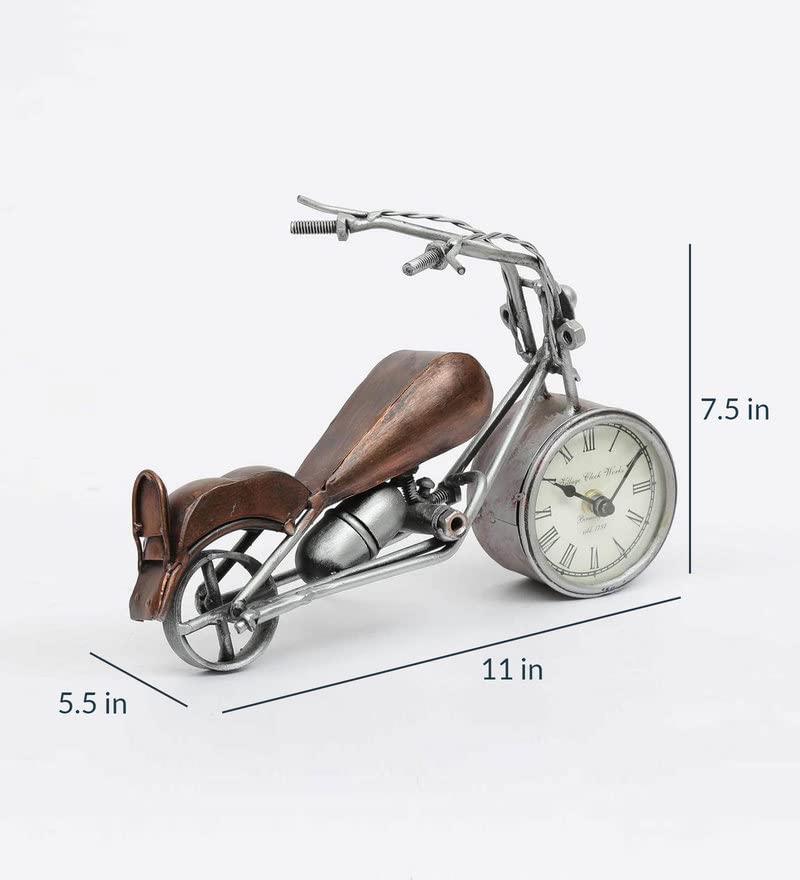 Handcrafted vintage chopper motorcycle metal table clock with Roman numeral dial and antique silver copper finish-ArtyCraftz.com