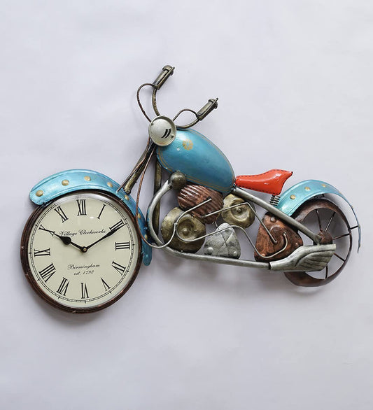 Handcrafted vintage motorcycle iron wall clock with Roman numeral dial and retro metal wall art design.-ArtyCraftz.com