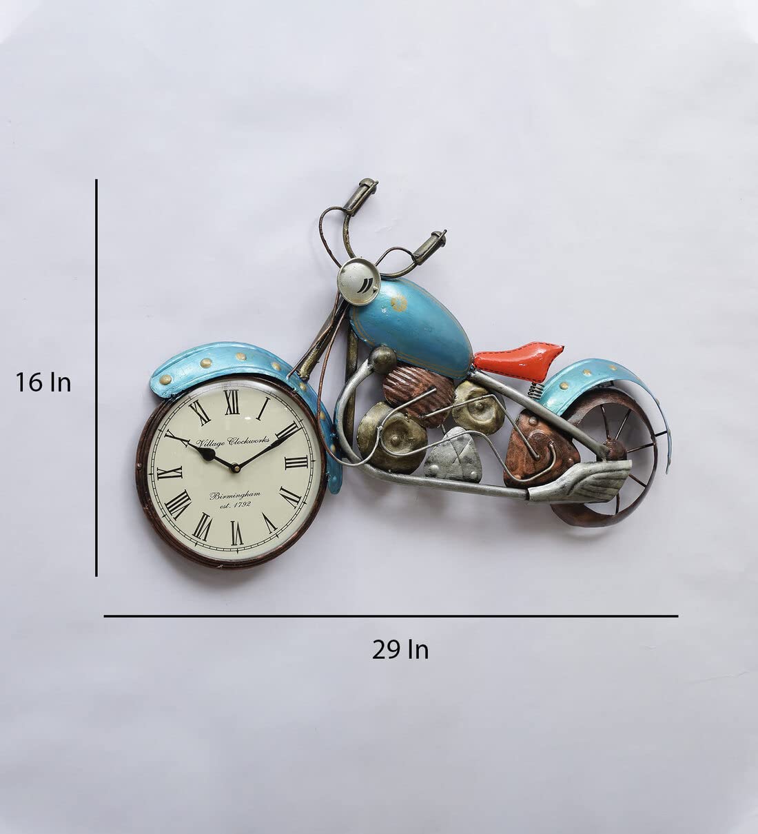 Handcrafted vintage motorcycle iron wall clock with Roman numeral dial and retro metal wall art design.-ArtyCraftz.com